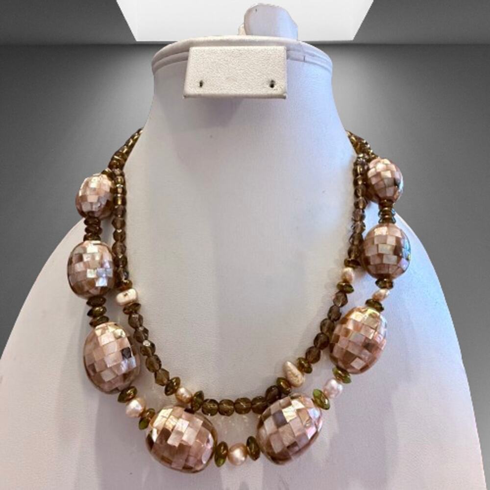 Double Strand Mother of Pearl Mosaic Beaded Necklace